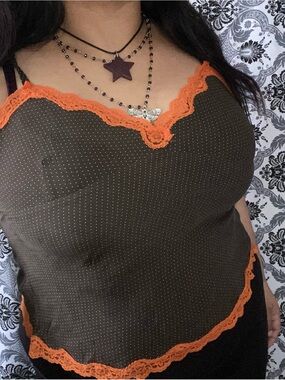 Express Brown Polka Dot Cami with Orange Lace Trim